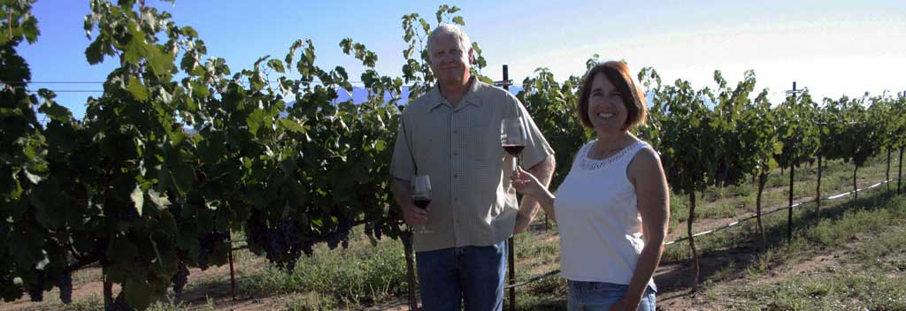 Rhona and Mark with wine glasses in the vines